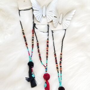 Beaded fringe pom pom necklace